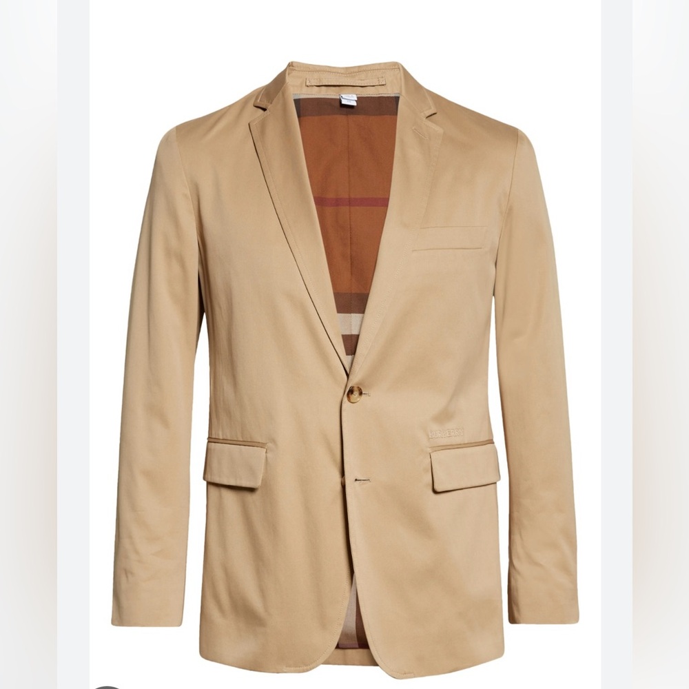 Burberry men’s Saddlewood Slim Fit Tailored Cotton Twill Blazer in Archive Beige